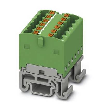 Zielony, modularny elektryczny złącz z wieloma punktami przyłączeniowymi, zamontowany na szarej szynie mocującej.