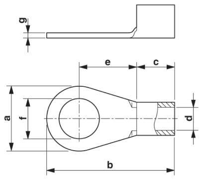 Rysunek techniczny elementu z widokiem z boku i z góry. Wymiary oznaczone są literami: a, b, c, d, e, f, g.