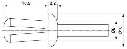 Rysunek techniczny śruby z wymiarami: długość całkowita 10,5 mm, szerokość główki 2,2 mm, średnica trzpienia 6 mm, średnica główki 10 mm.