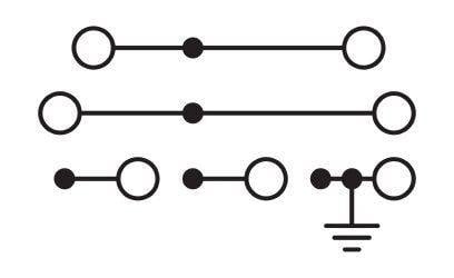 Pokaż pięć symboli elektrycznych: trzy połączenia przewodów, izolację oraz symbol uziemienia.