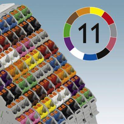 Grafik listwy zaciskowej z kolorowymi oznaczeniami. Stylizowana liczba 11 jest otoczona kolorowym pierścieniem.