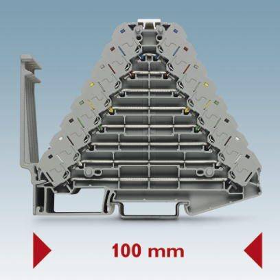 Szare, trójkątne obudowa składająca się z kilku warstw, z czerwoną strzałką poniżej wskazującą długość 100 mm.