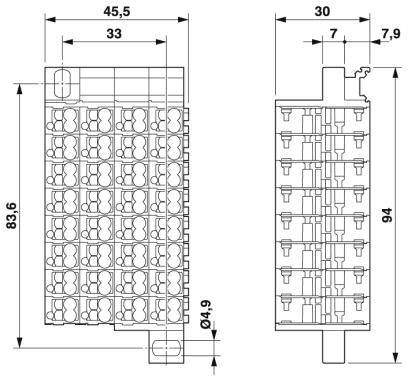 Rysunek techniczny złącza z wymiarami: 45,5 x 83,6 mm z przodu, 30 x 94 mm z boku.