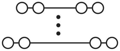 Diagram z dwoma rzędami po pięć kół, połączonych liniami, z trzema pionowymi punktami pośrodku. Wskazuje na połączenie lub kontynuację.