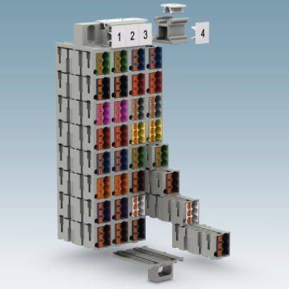 'Widok rozstrzelony złącza elektrycznego z ponumerowanymi modułami i stykami oznaczonymi kolorami.'