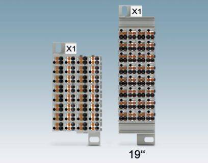 Dwie sąsiadujące ze sobą elektroniczne moduły oznaczone napisem 'X1'. Po lewej stronie mniejszy, po prawej większy, przystosowany do montażu w szafie 19-calowej.