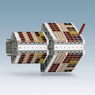 Wielopoziomowy zacisk z gniazdami kodowanymi kolorystycznie, przeznaczony do montażu na szynie DIN, służący do prowadzenia instalacji elektrycznych i przetwarzania sygnałów.