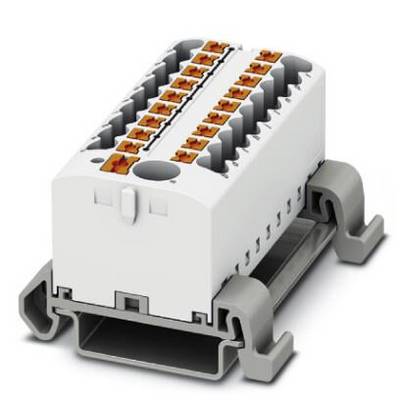 Elektryczny złącz w kolorze białym z pomarańczowymi stykami, zamontowany na szarej szynie. Stosowany w obwodach elektrycznych.
