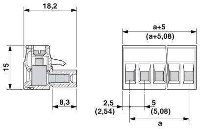 Rysunek techniczny złącza z wymiarami: szerokość 18,2 mm, wysokość 15 mm, głębokość 8,3 mm, rozstaw pinów 2,5 mm.