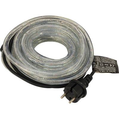 Zwinięty kabel LED ze złączką wtykową EU, z etykietą prezentującą specyfikacje techniczne.