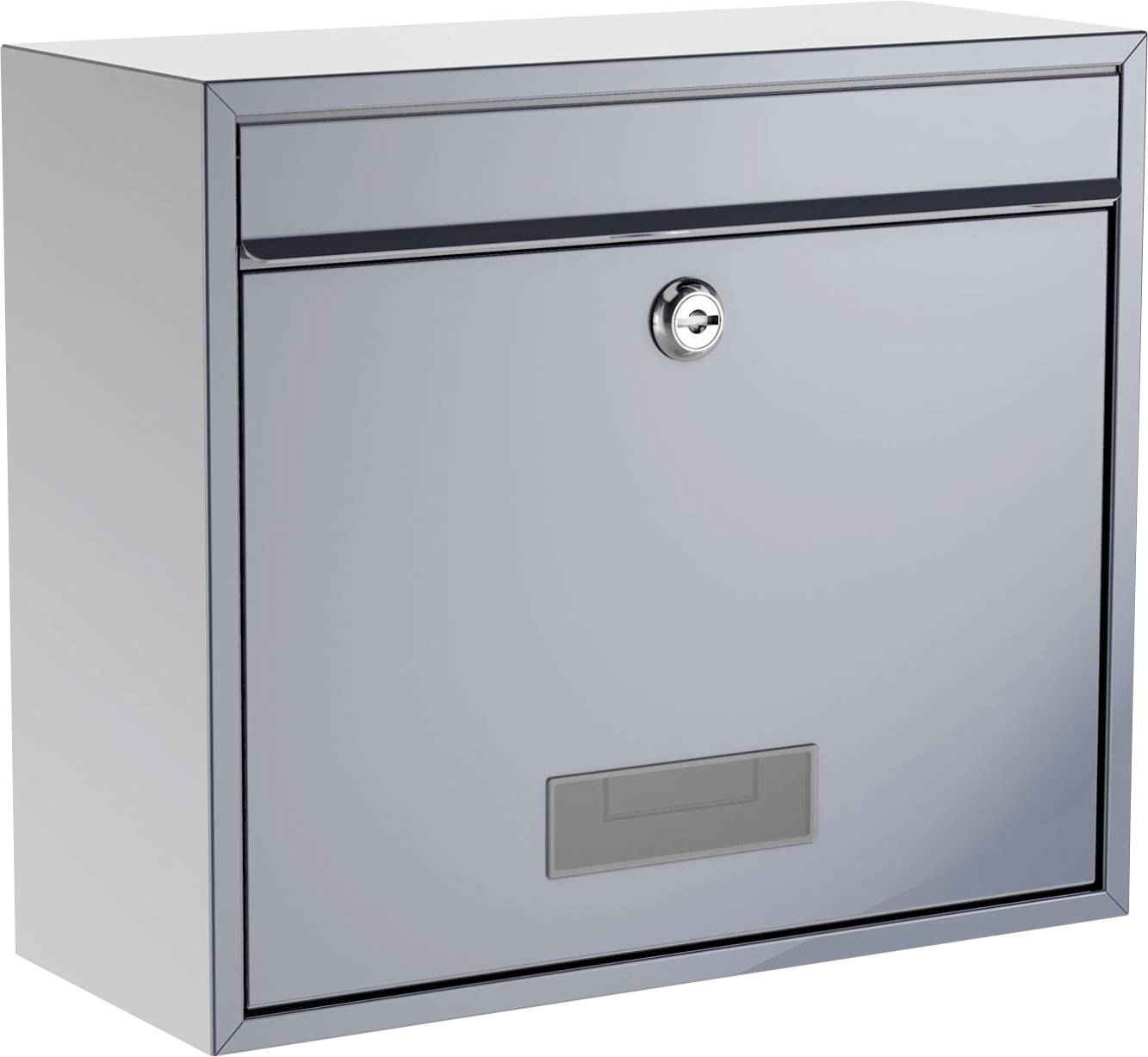 Elegancka, szara metalowa skrzynka pocztowa z otworem na klucz i przezroczystym uchwytem na tabliczkę z nazwiskiem u dołu. Idealna do bezpiecznego zbierania korespondencji.