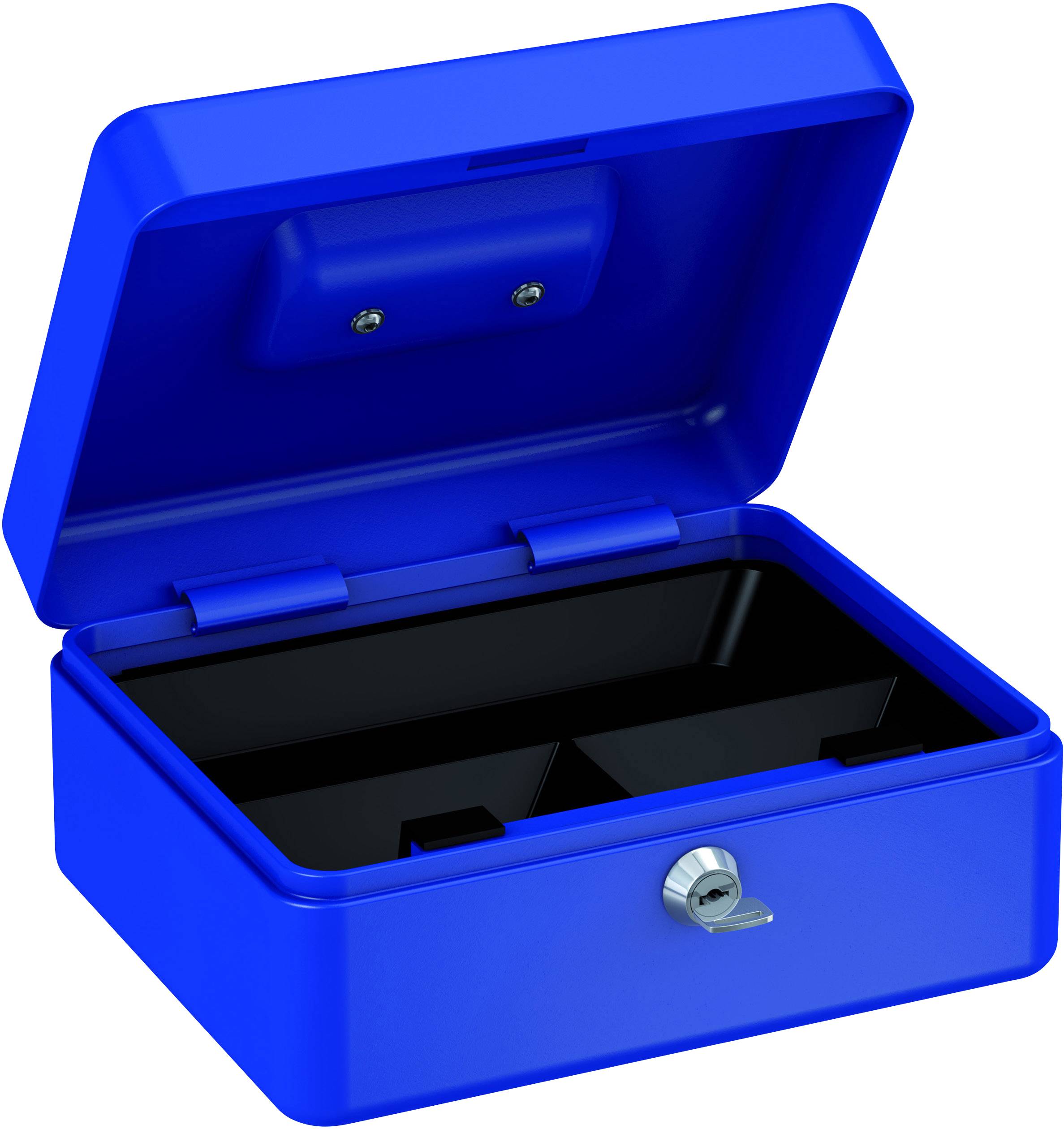 Niebieska metalowa skrzynka z otwartą pokrywą, wewnątrz czarna z przegródkami, z zamkiem z przodu. Idealna do przechowywania drobnych przedmiotów.