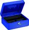 Niebieska metalowa skrzynka z otwartą pokrywą, wewnątrz czarna z przegródkami, z zamkiem z przodu. Idealna do przechowywania drobnych przedmiotów.