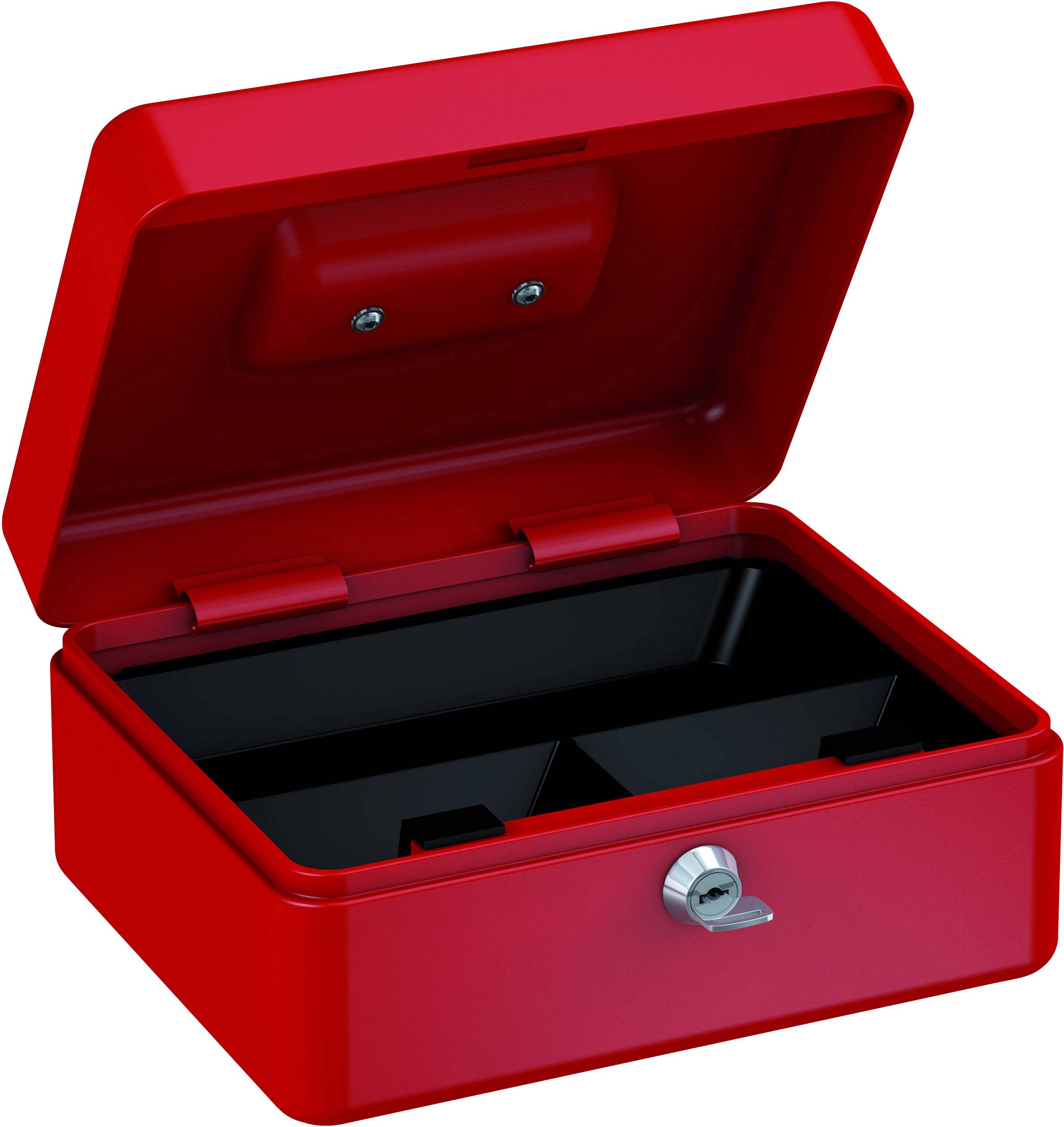 Czerwona, otwarta kasetka na pieniądze z zamkiem kluczowym, widoczne puste przegródki. W kontekście organizacji finansowej lub przechowywania.