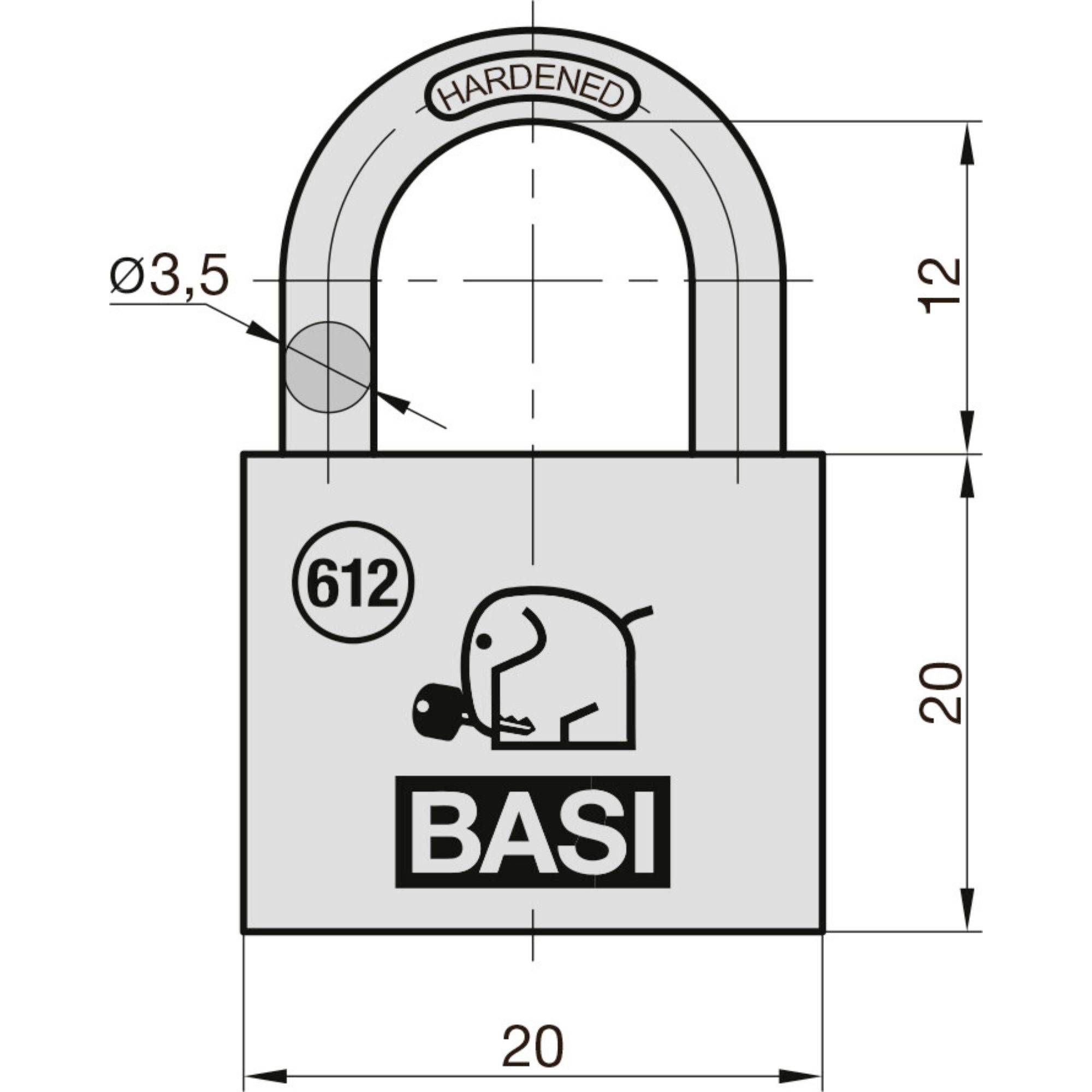 Techniczny diagram kłódki oznaczonej „BASI" pokazujący wymiary: przestrzeń dla trzpienia 20 mm szerokości na 20 mm wysokości. Na górze widnieje napis „HARTOWANA".