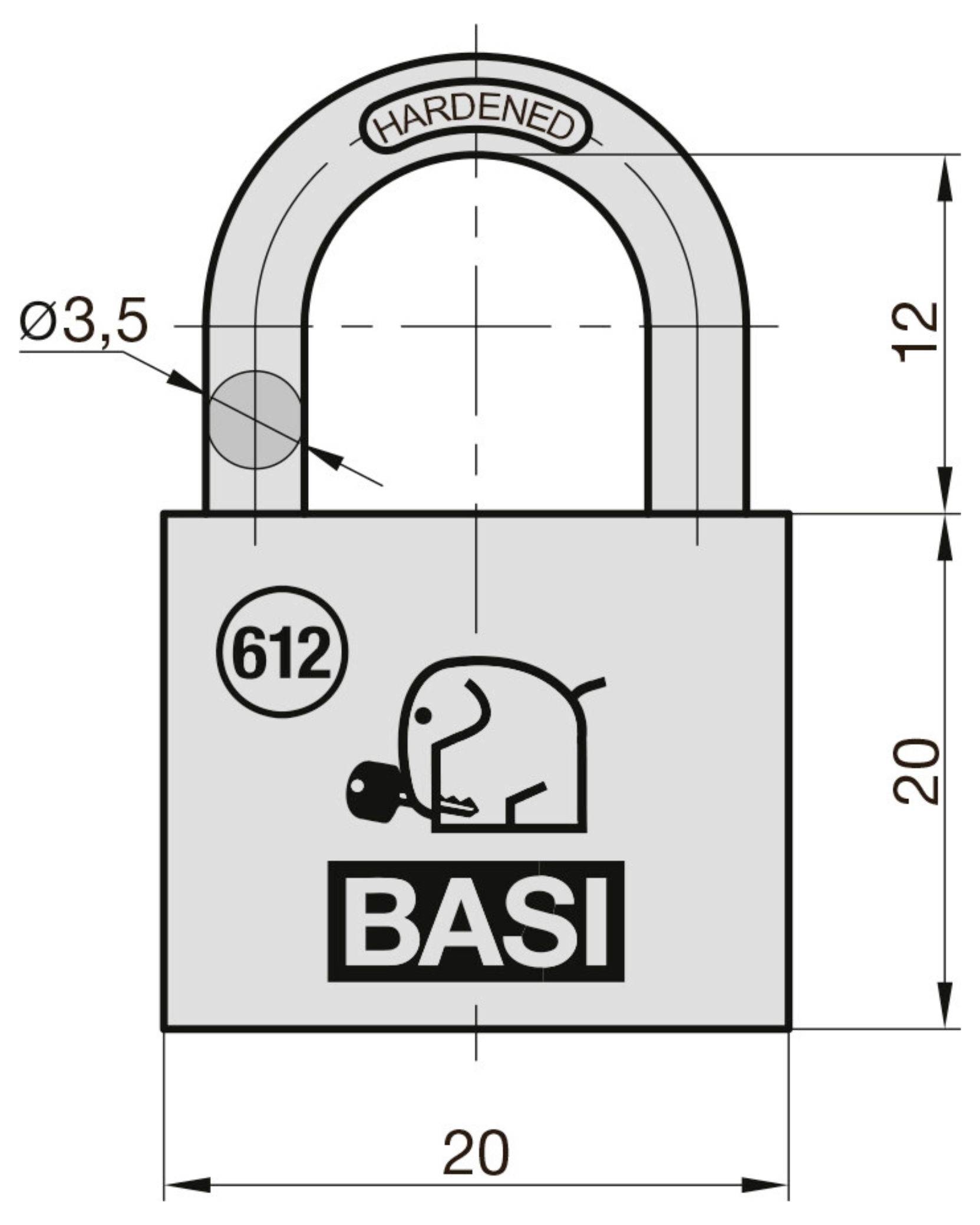 Diagram kłódki z wymiarami. Korpus zamka mierzy 20x20 mm, wysokość trzpienia wynosi 12 mm. Posiada logo 'BASI' i numer 612.