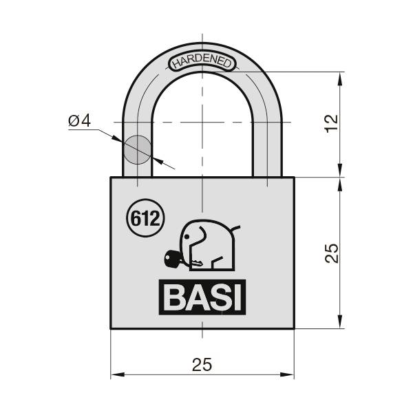 Kłódka z wymiarami. Oznaczona napisami 'BASI', 'HARDENED' oraz '612'. Ramiona zawiasowe u góry (12 mm), korpus zamka (25 mm).