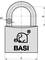 Kłódka z napisem 'BASI', obok mała grafika symboliczna przedstawiająca słonia z kluczem. Widoczne są oznaczenia rozmiaru.