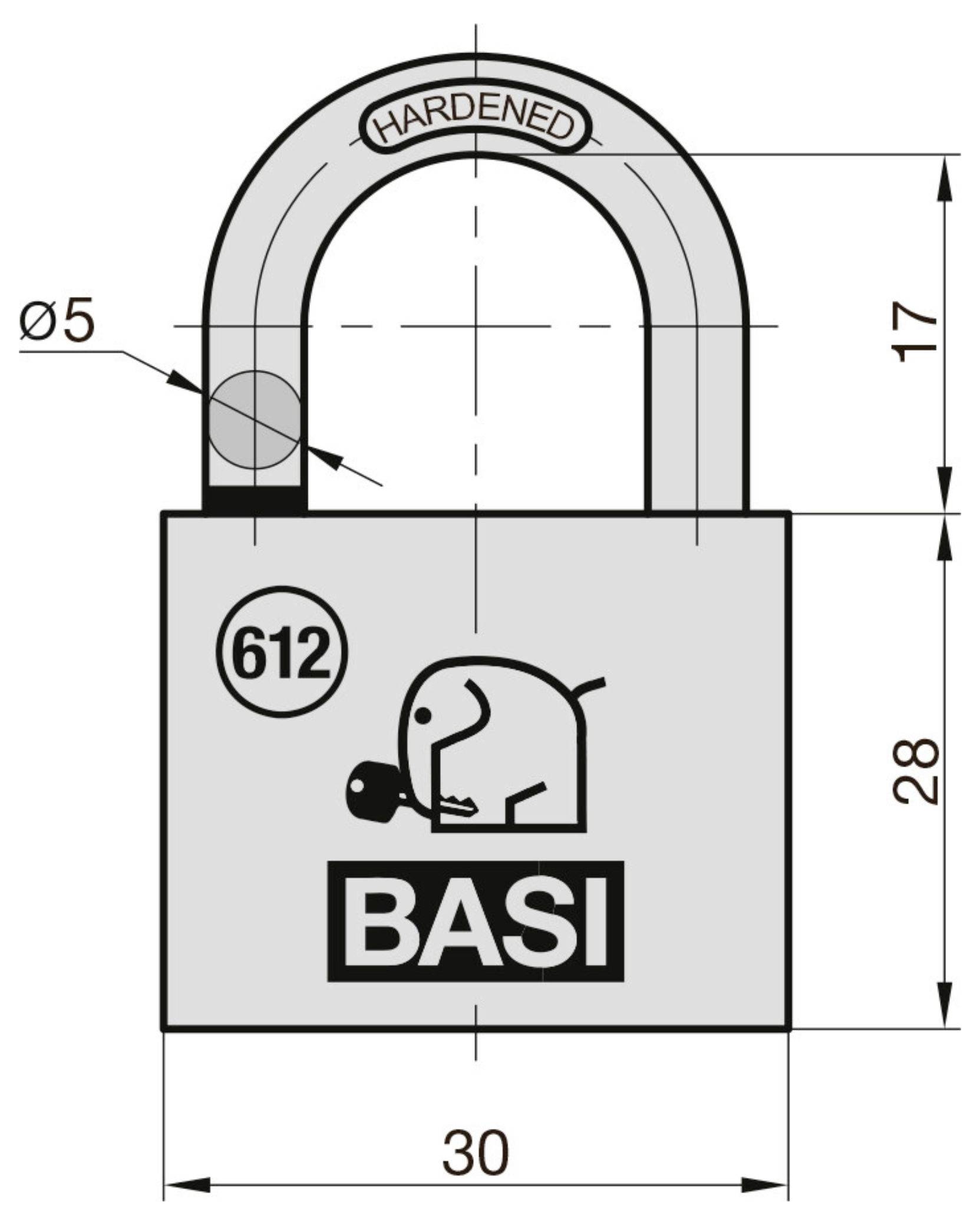 Diagram zamka 'BASI' z wymiarami: szerokość 30mm, wysokość 28mm, średnica pałąka 5mm, wysokość pałąka 17mm. Widoczna etykieta '612'.
