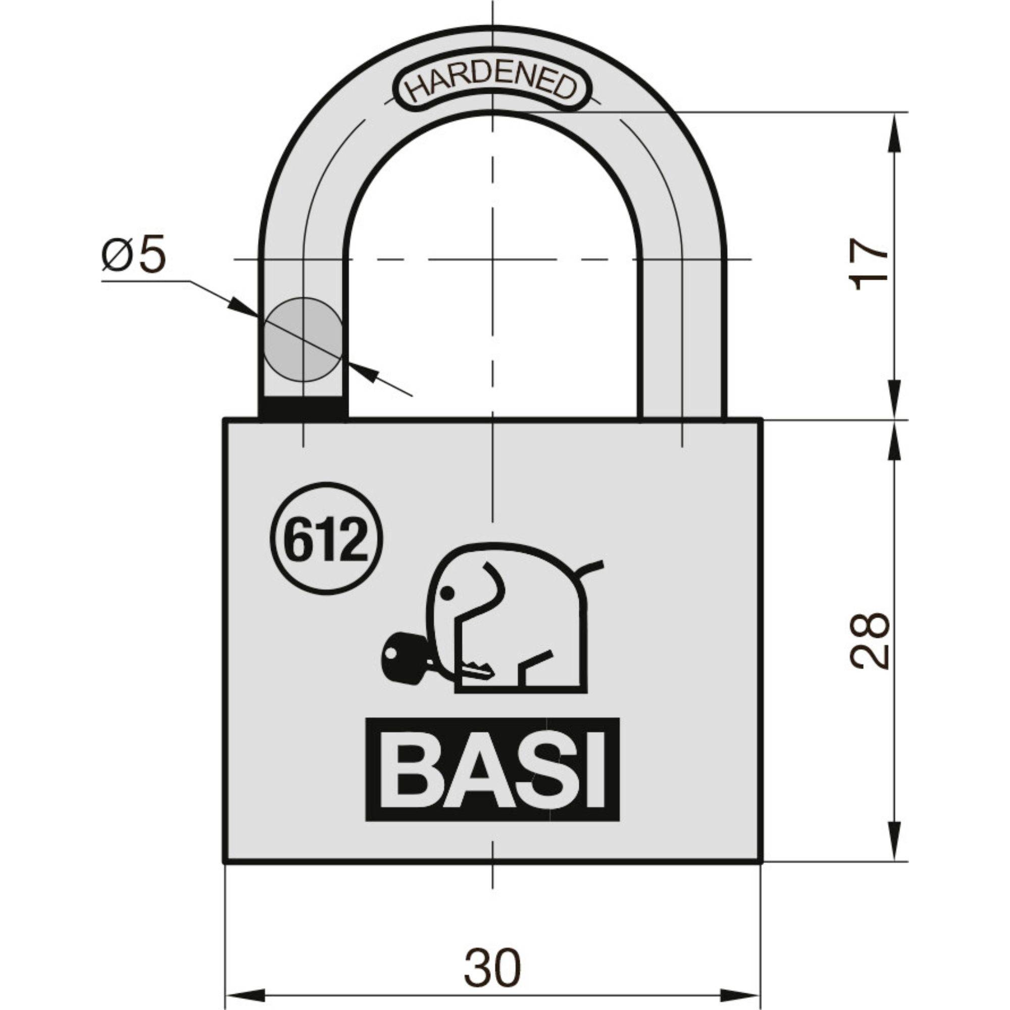 Diagram kłódki 'BASI' z wymiarami: szerokość 30 mm, wysokość korpusu 28 mm, wysokość szporki 17 mm, grubość szporki Ø5 mm.