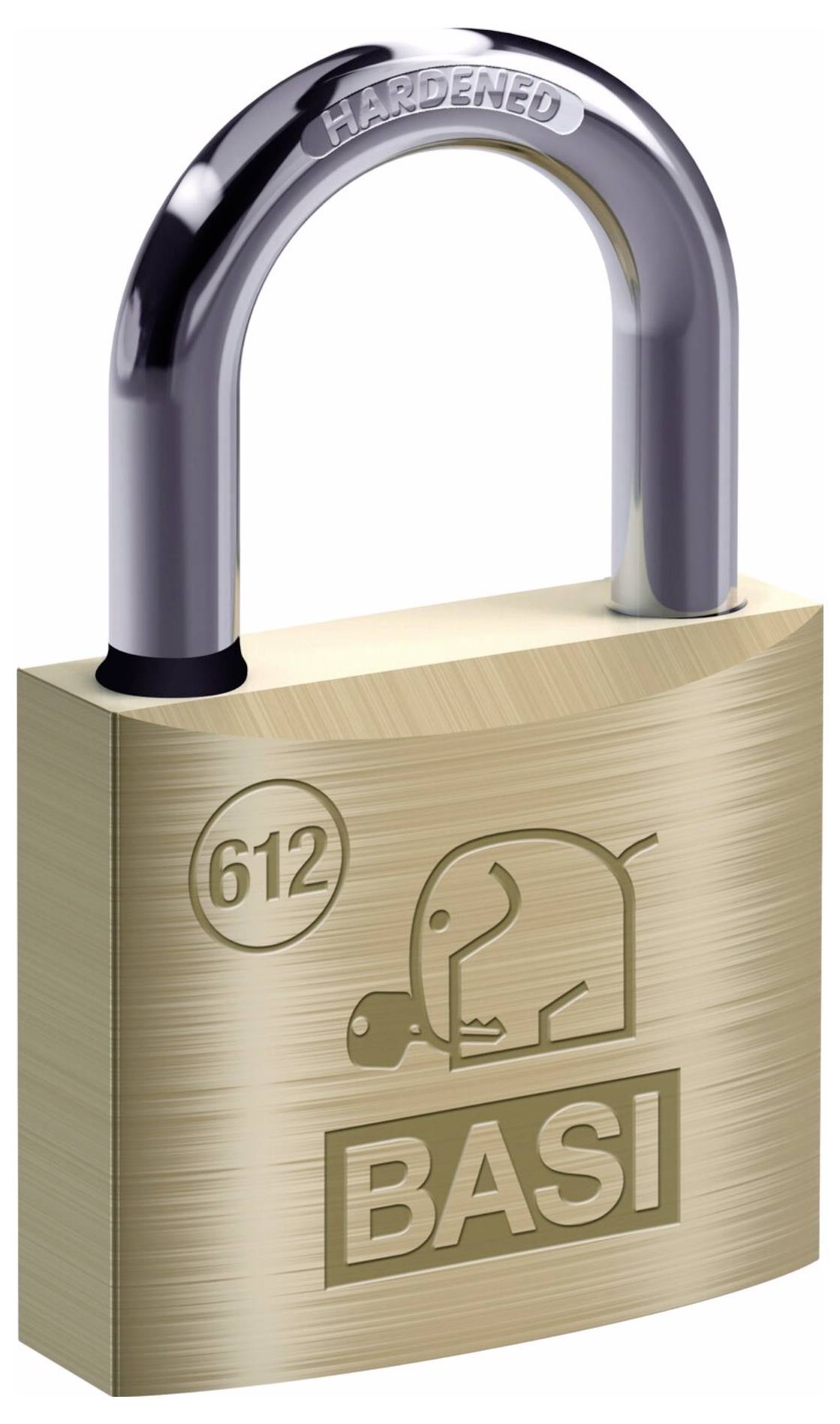 Mosiężna kłódka z hartowaną stalową więźbą, grawerowana logo słonia i numerem '612' nad nazwą marki 'BASI'.
