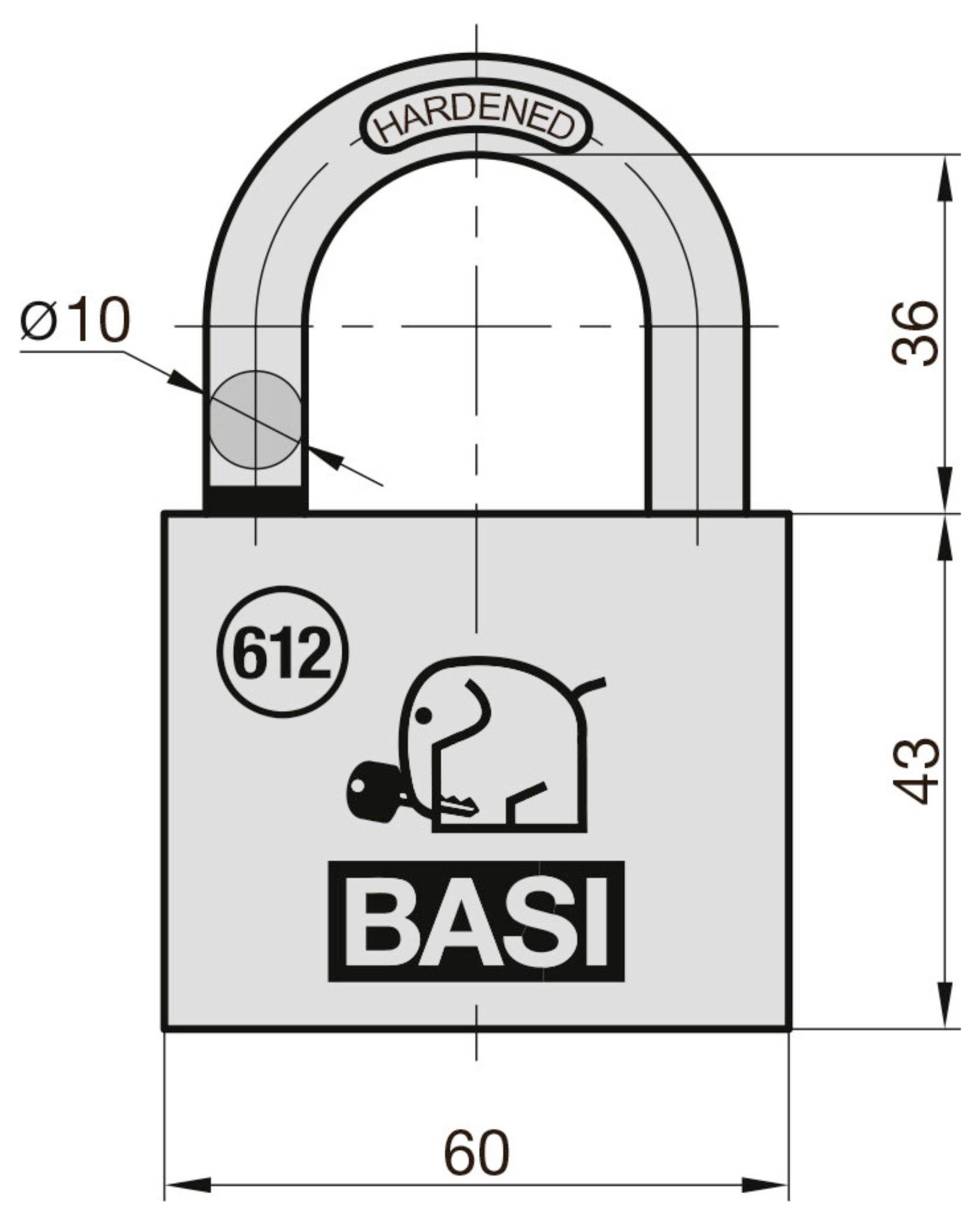 Diagram kłódki oznaczonej „BASI" z wymiarami: szerokość 60mm, wysokość 43mm, wysokość trzpienia 36mm, średnica trzpienia 10mm.