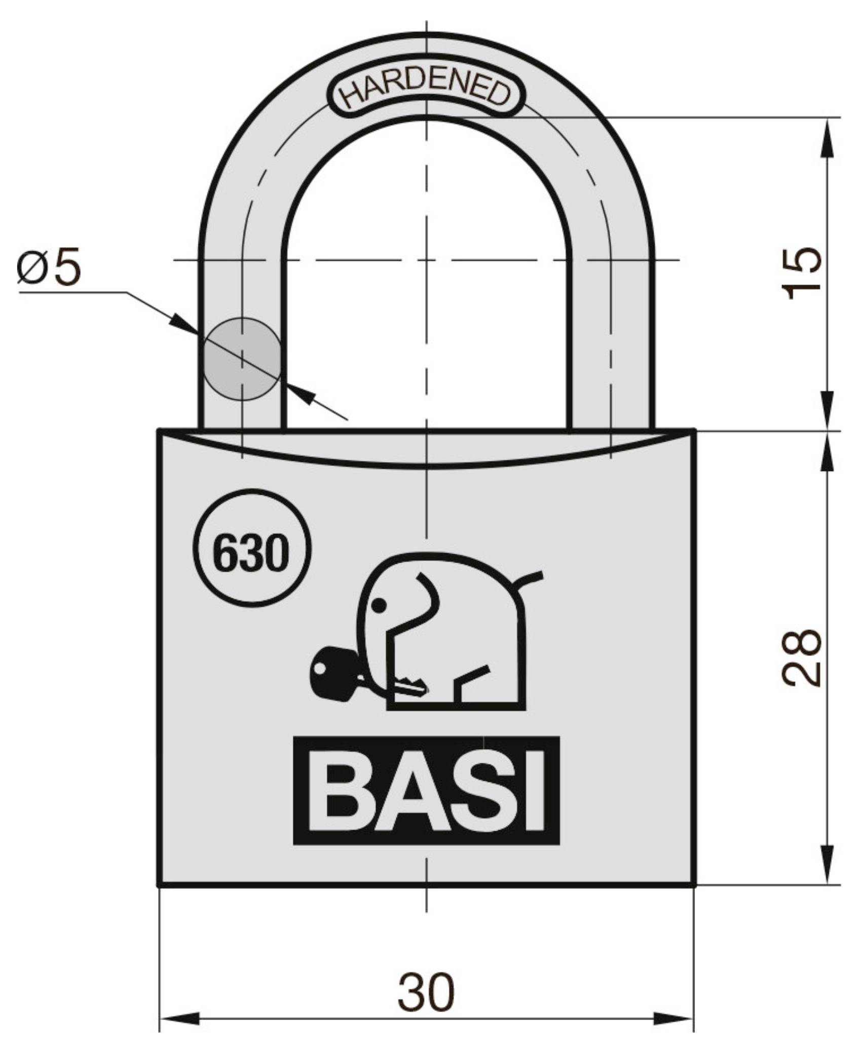 Rysunek techniczny wzmocnionej kłódki BASI oznaczonej numerem 630, z szerokością korpusu 30 mm, wysokością korpusu 28 mm, wysokością więzienia 15 mm i średnicą więzienia 5 mm.