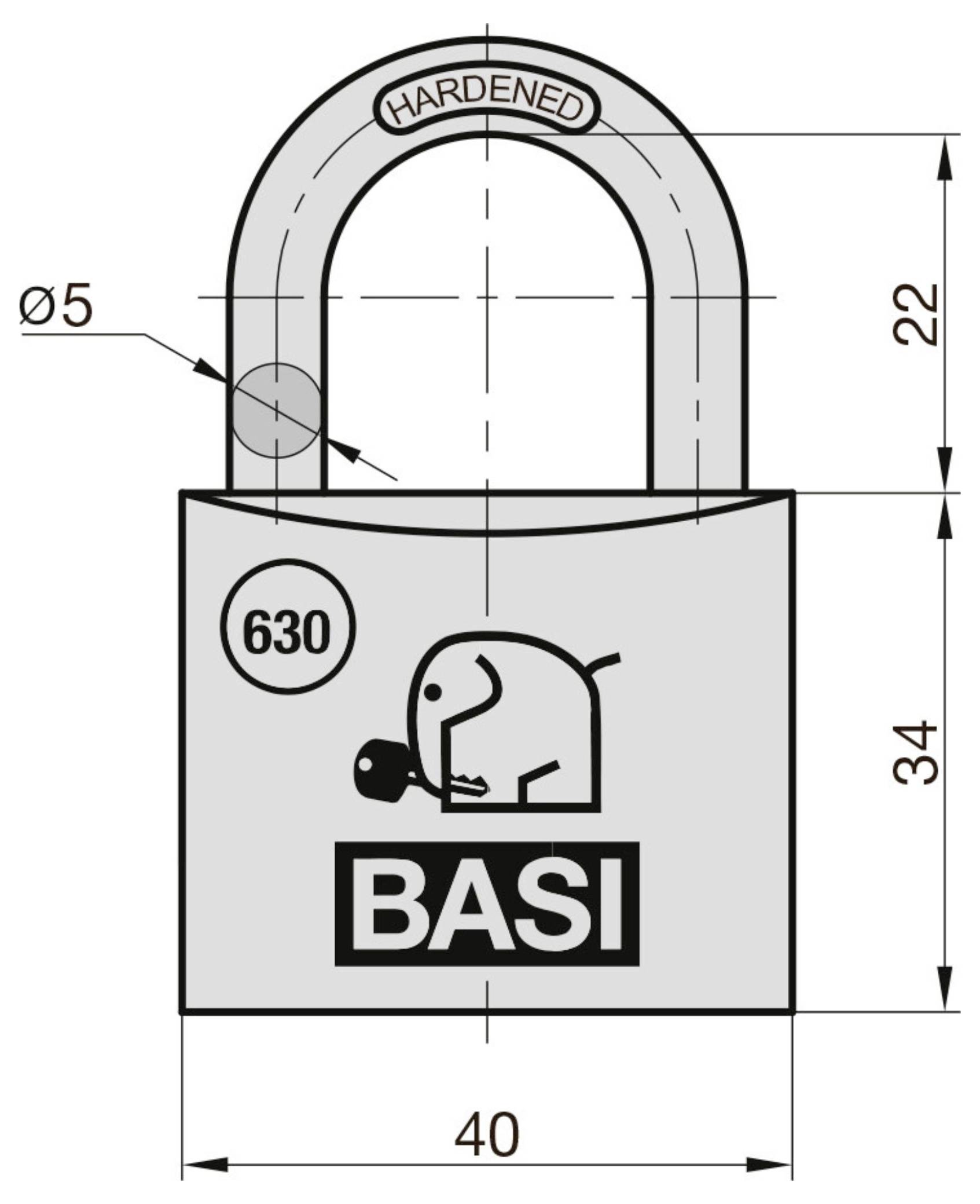 Rysunek techniczny hartowanej kłódki BASI oznaczonej 630, pokazujący wymiary 40 szerokości, 34 wysokości obudowy, 22 wysokości wyłamania oraz 5 mm średnicy wyłamania.