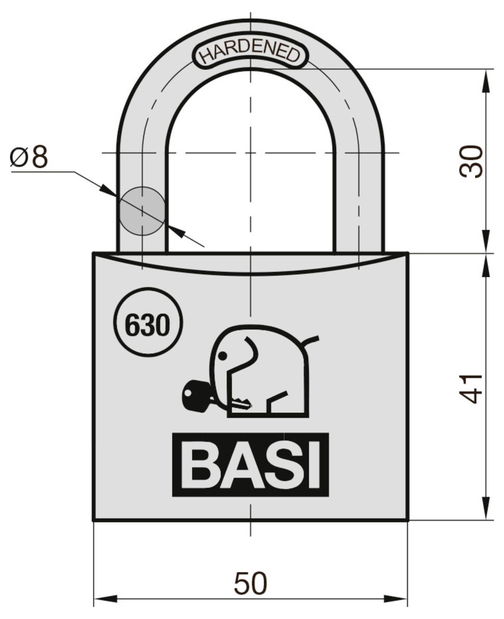 Rysunek techniczny wzmocnionego zamka kłódka BASI o oznaczeniu 630, pokazujący wymiary szerokości 50 mm, wysokości obudowy 41 mm, wysokości przymki 30 mm i średnicy przymki 8 mm.