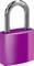Fioletowa kłódka ze srebrnym łukiem, wskazująca na bezpieczeństwo lub ochronę.