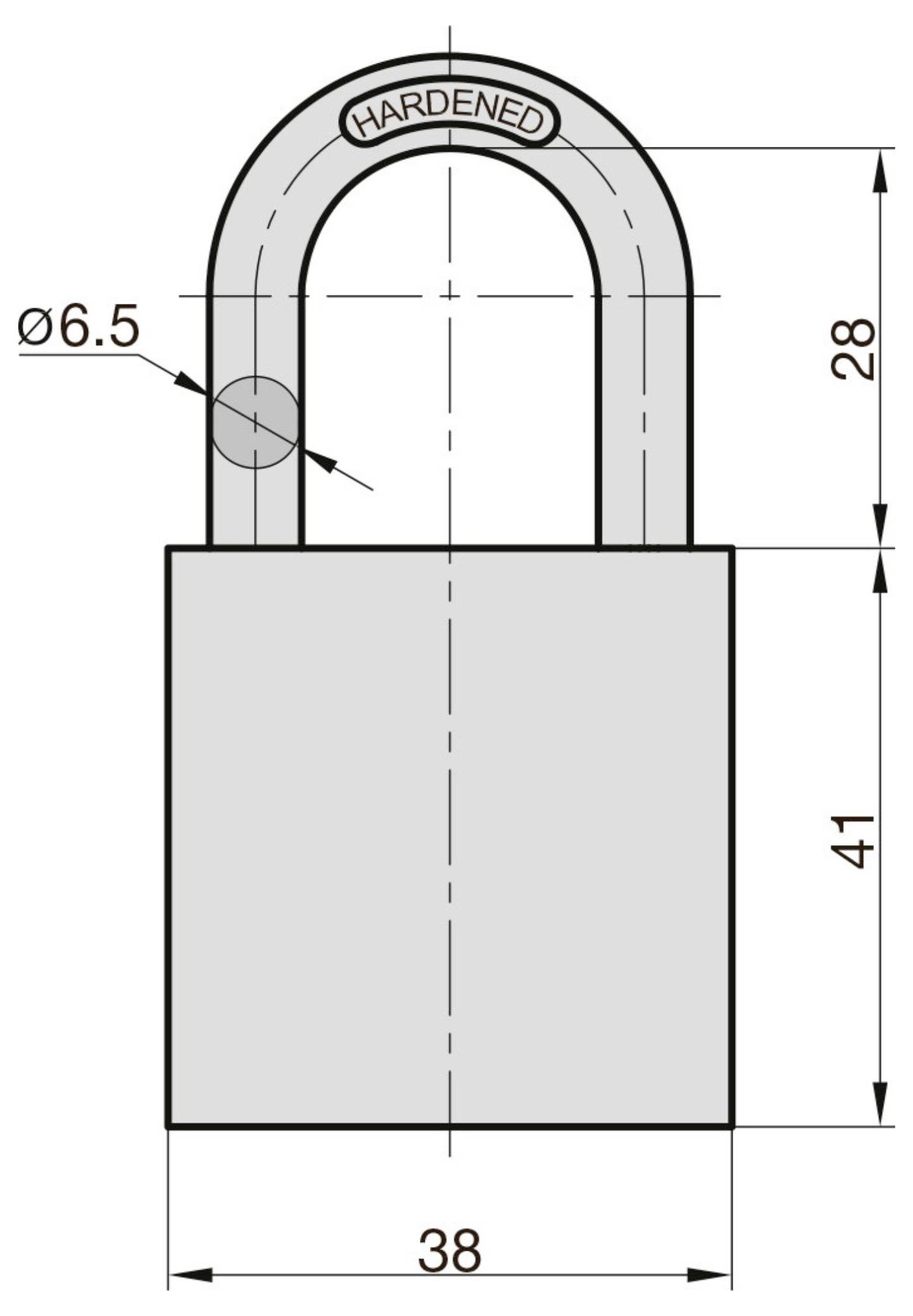 Diagram kłódki z wymiarami. Wysokość szackla wynosi 28mm, szerokość 38mm, a wysokość obudowy kłódki wynosi 41mm. Średnica szackla wynosi 6,5mm.