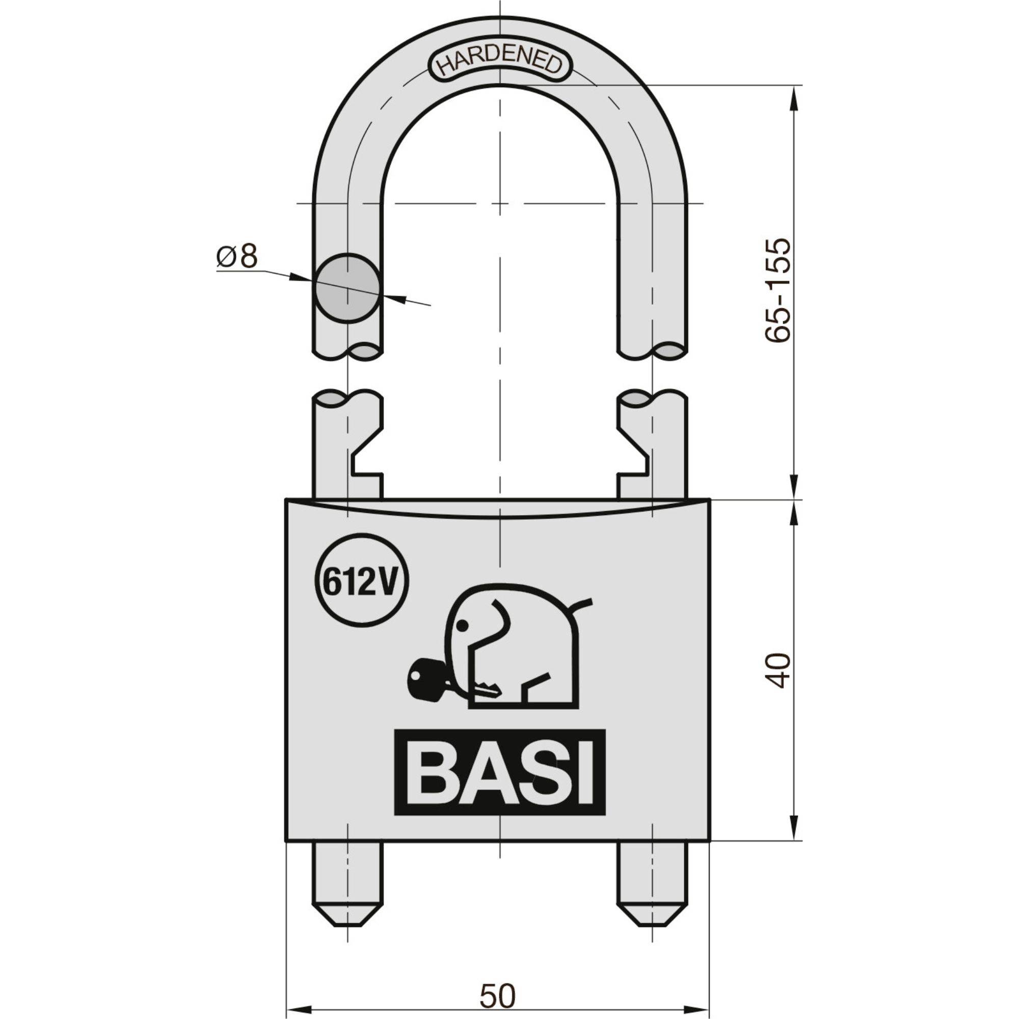 Ilustracja kłódki z otwartym pałąkiem, z podanymi wymiarami w milimetrach. Na górze widnieje napis 'HARDENED', a na kłódce znajduje się oznaczenie 'BASI 612V'.