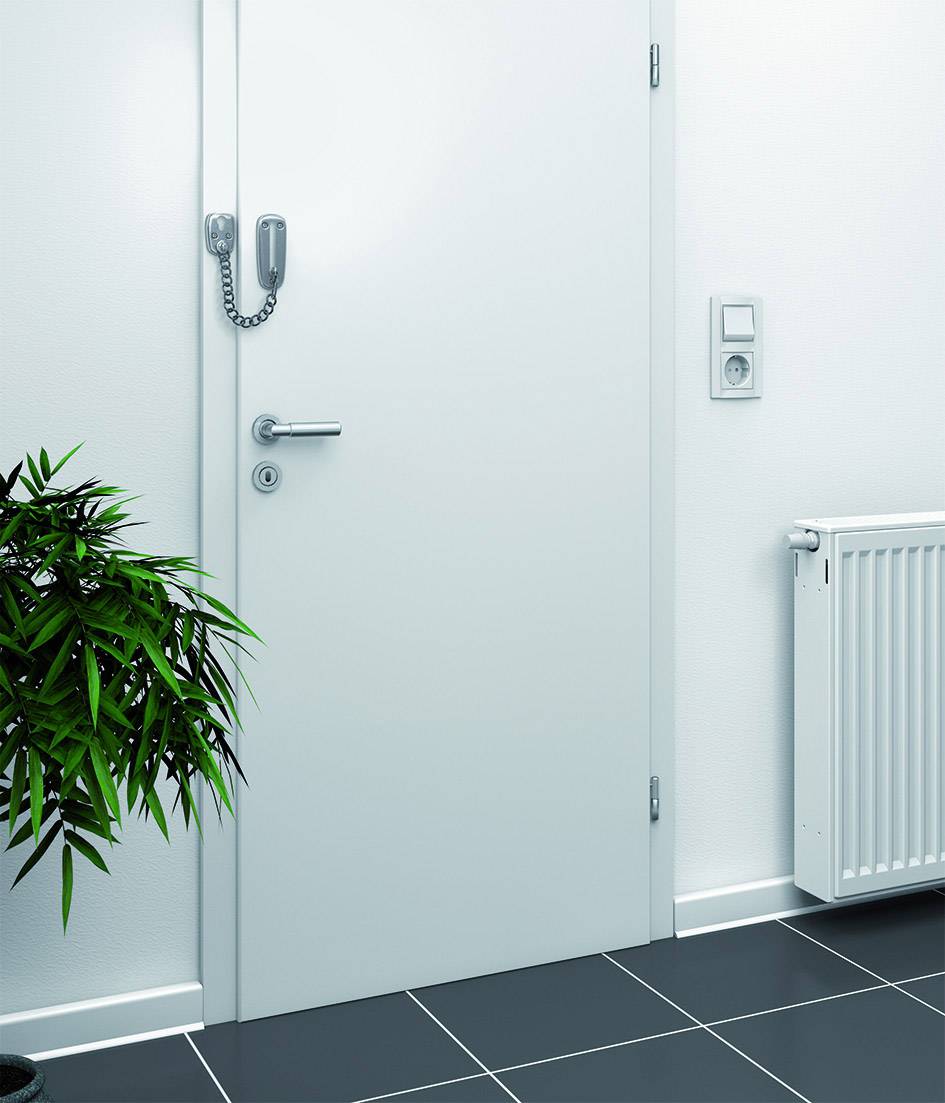 Białe drzwi z łańcuchem zabezpieczającym w nowoczesnym pomieszczeniu; po lewej stronie zielona roślina, po prawej grzejnik, na ścianie włącznik światła.