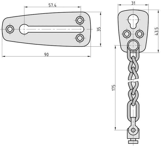 Rysunek techniczny zasuwy zabezpieczającej do drzwi z łańcuchem. Wymiary: zasuwka 90 mm, łańcuch 175 mm.