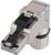 Metalowy wtyk RJ45 z czarną dźwignią i zamknięciem śrubowym, przeznaczony do połączeń Ethernet w zastosowaniach przemysłowych.