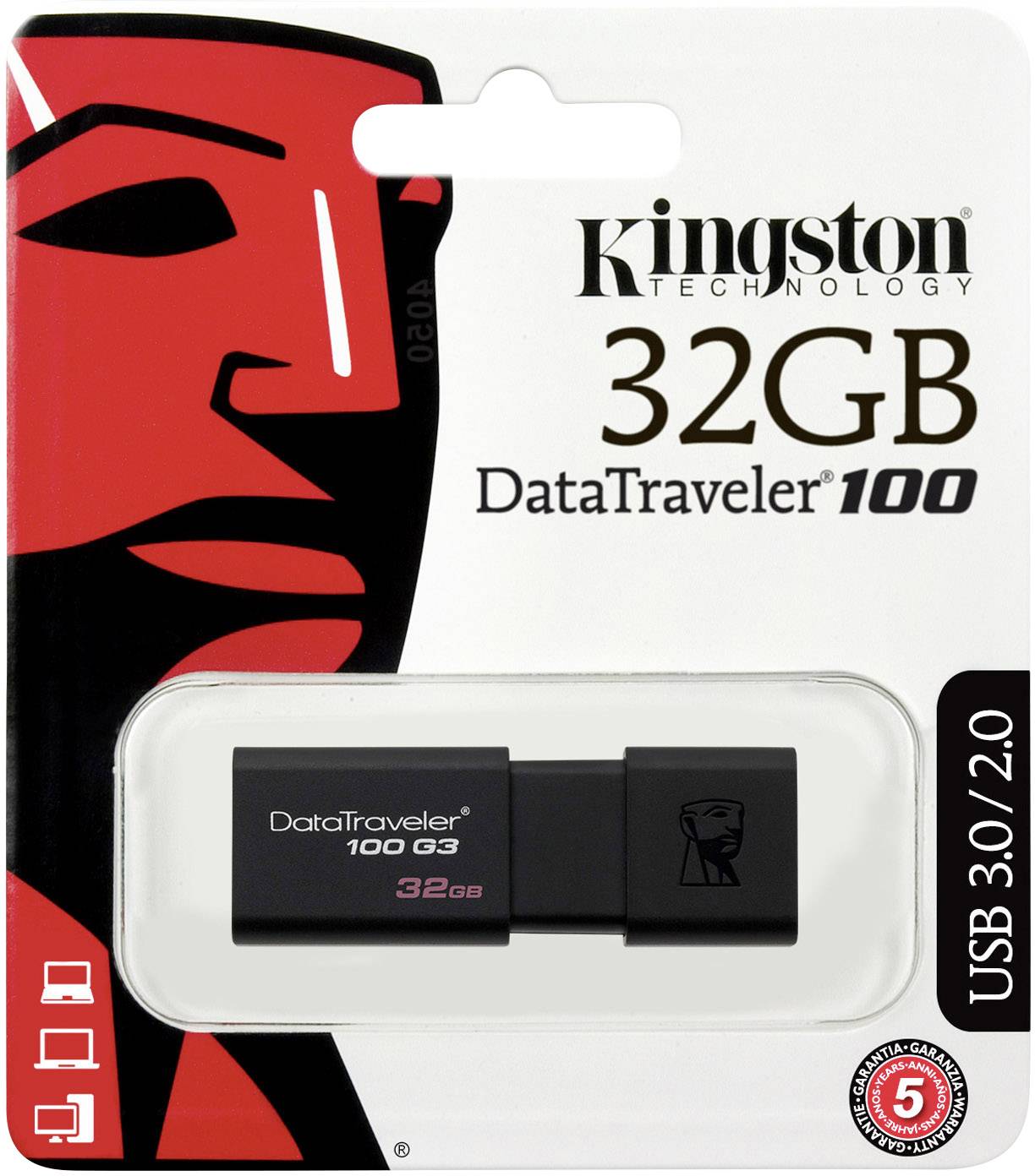 Pendrive Kingston DataTraveler 100 o pojemności 32 GB, w standardzie USB 3.0, przedstawiony na czerwono-białym tle, z wizerunkiem maski.
