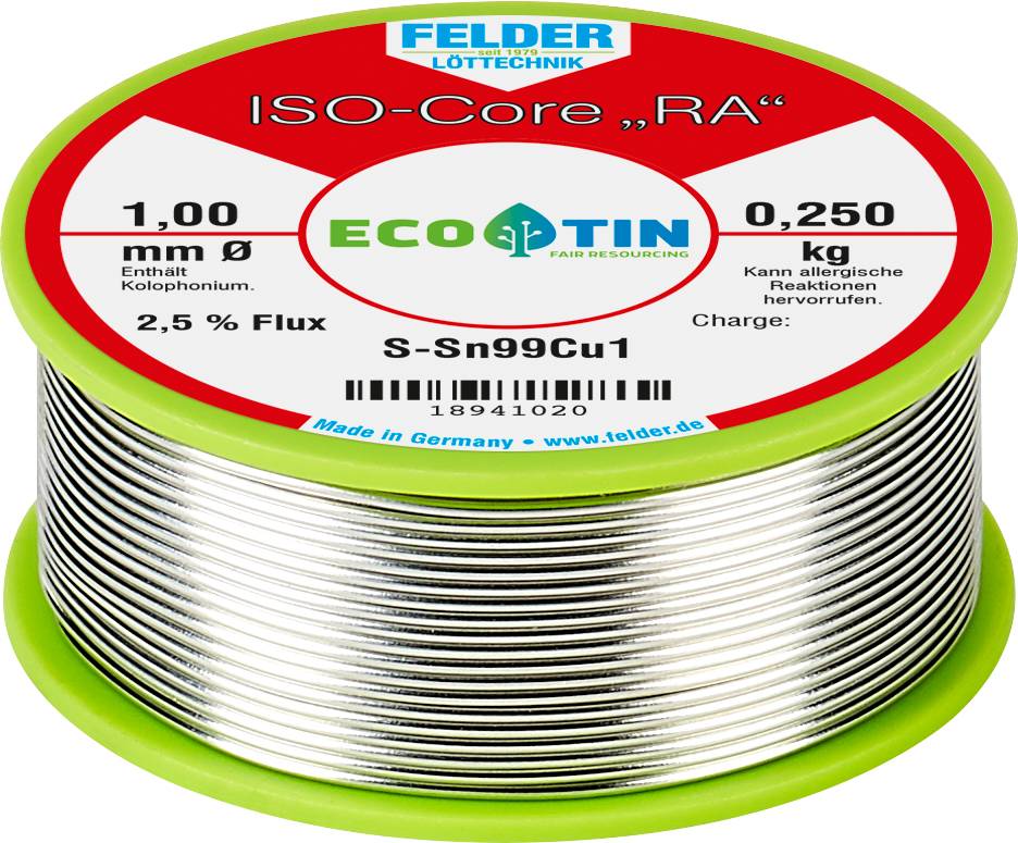 Cyna lutownicza bezołowiowa Felder ISO-Core "RA" Sn99Cu1 szpula Sn99,3Cu0,7 0.250 kg 1 mm