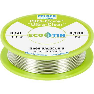 Szpula drutu lutowniczego oznaczona 'FELDER LOTTECHNIK ISO-Core Ultra-Clear' i 'ECO TIN', średnica 0,50 mm, 0,100 kg, wykonana w Niemczech.