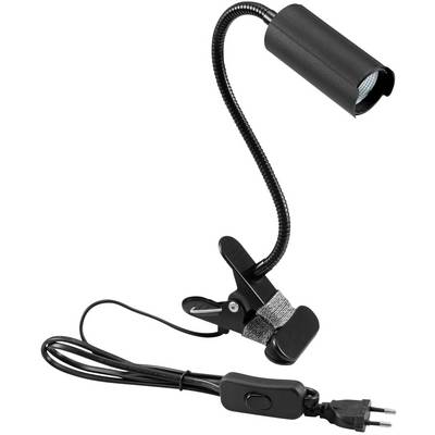 Czarna lampa klips z elastyczną szyjką, włącznikiem na przewodzie i wtyczką, idealna do oświetlenia biurka lub jako lampka do czytania.