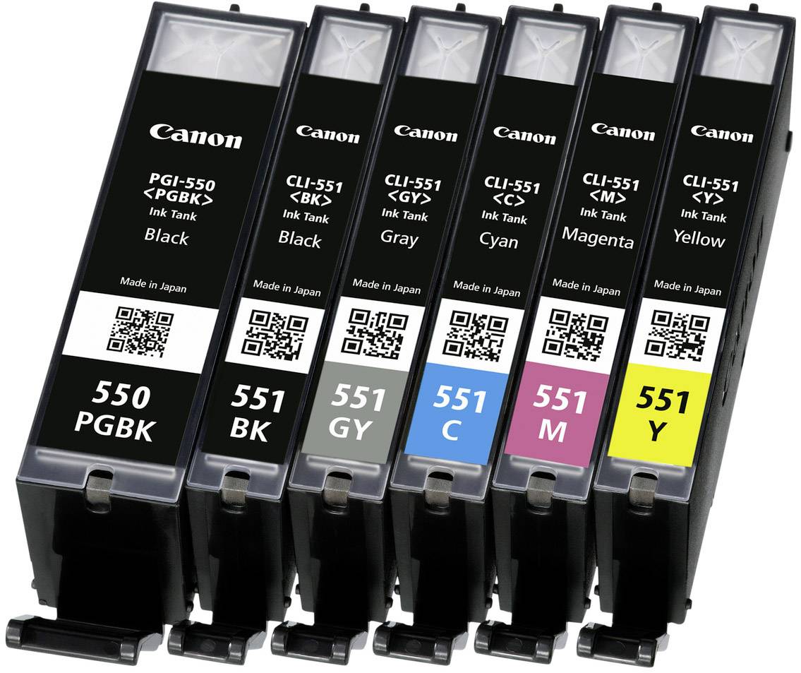 Sześć naboi atramentowych Canon w różnych kolorach: czarny, szary, cyjan, magenta, żółty. Każdy nabój jest opisany i posiada kod QR.