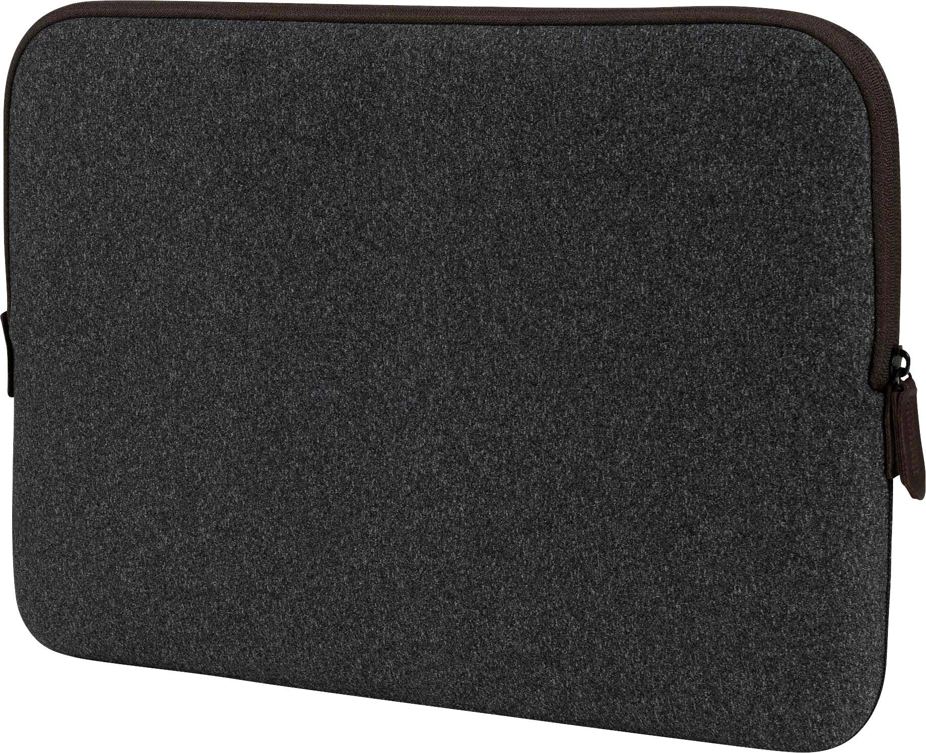 Ciemna, prostokątna torba na laptopa wykonana z tkaniny, zamykana zamkiem błyskawicznym u góry.