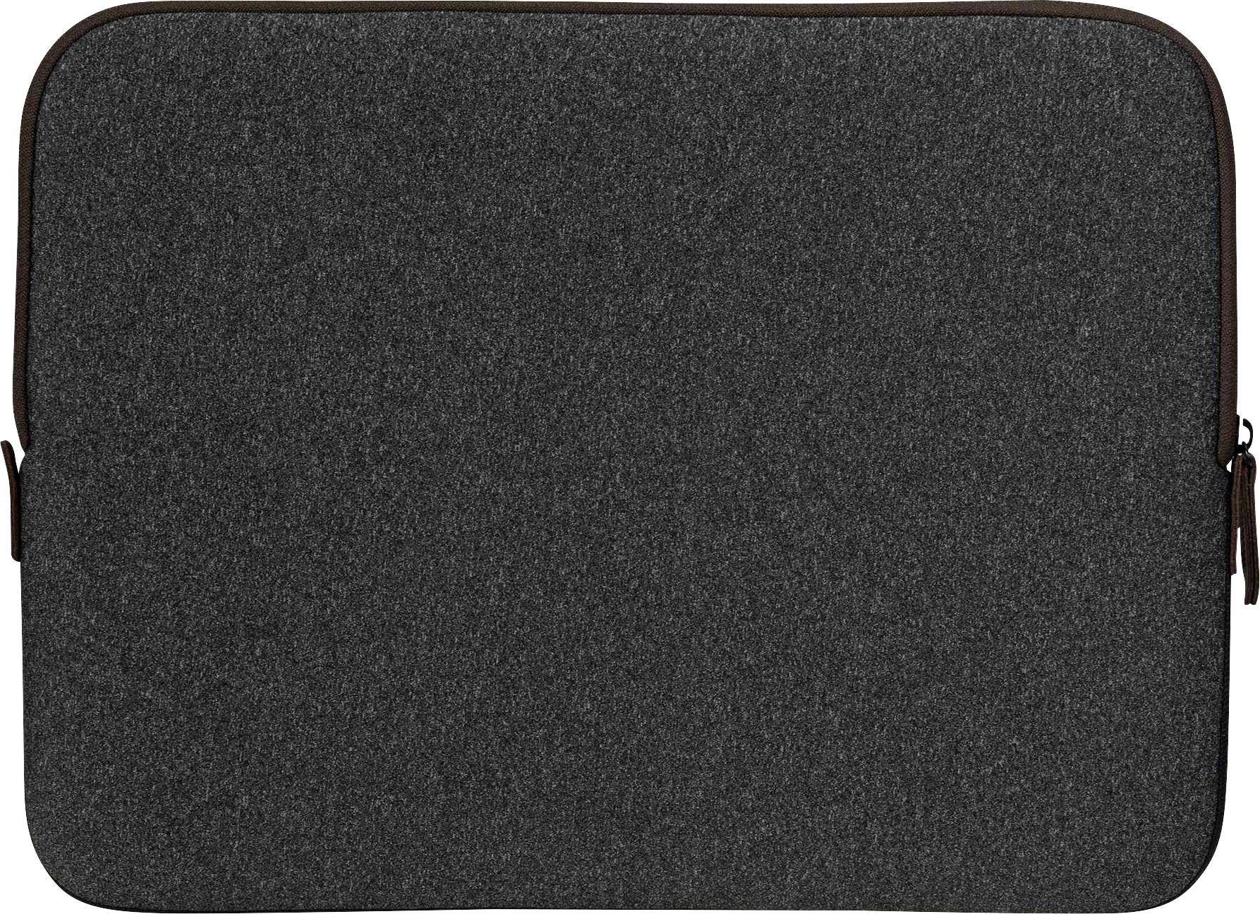 Ciemna, materiałowa okładka na laptopa z zamkiem błyskawicznym, o prostokątnym kształcie, z prostym designem.