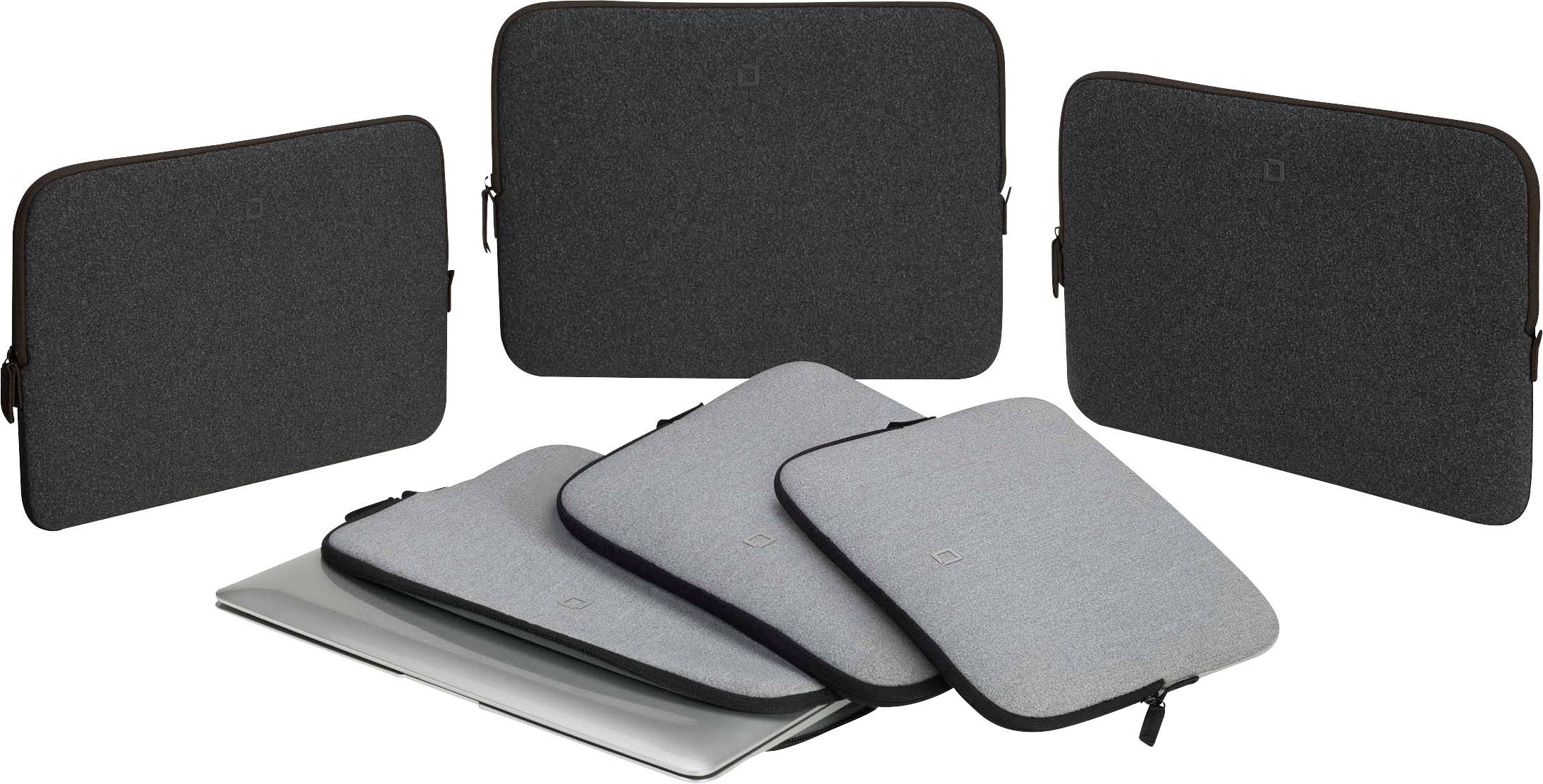 Pięć etui na laptopy w różnych rozmiarach, wszystkie w ciemnych kolorach. Dwa etui są otwarte i ukazują kieszeń na laptopa.