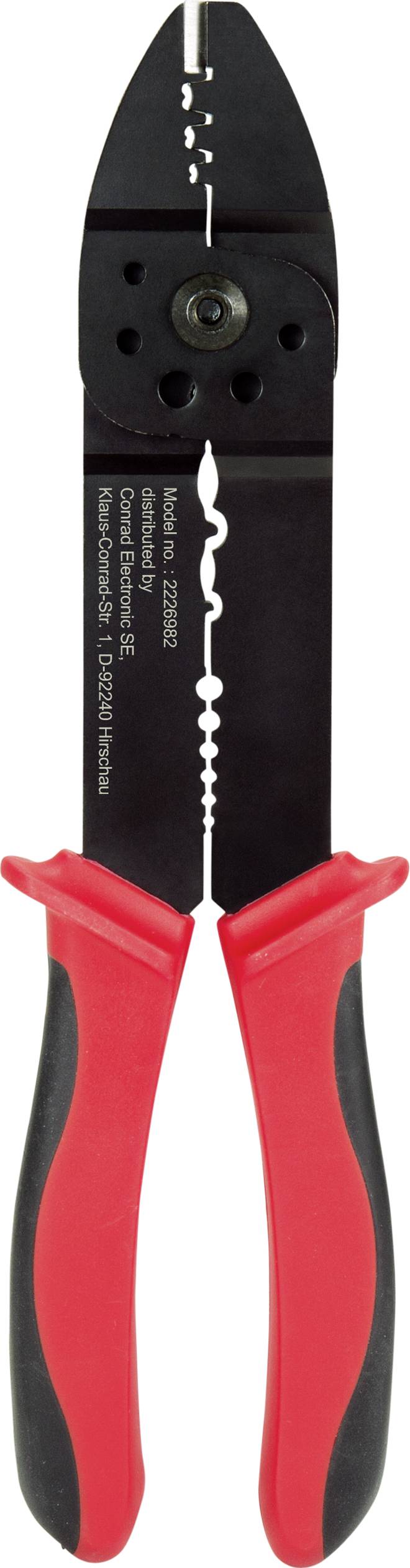 Szczypce do ściągania izolacji z czerwonymi i czarnymi uchwytami, odpowiednie do cięcia i zdejmowania izolacji z przewodów o różnych średnicach.