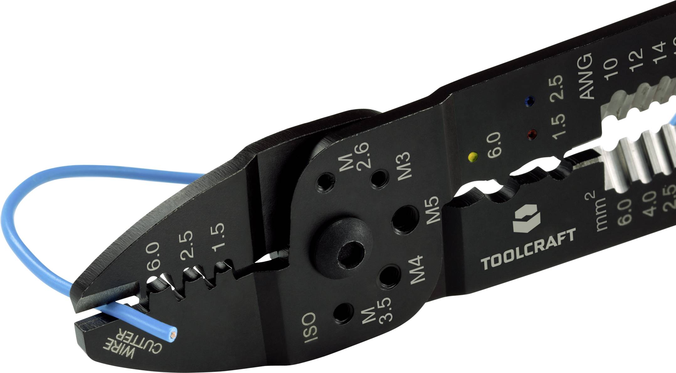 Szczypce zaciskowe marki Toolcraft przedstawiają różne rozmiary dla przewodów i zacisków kablowych. Niebieski przewód jest przecinany.