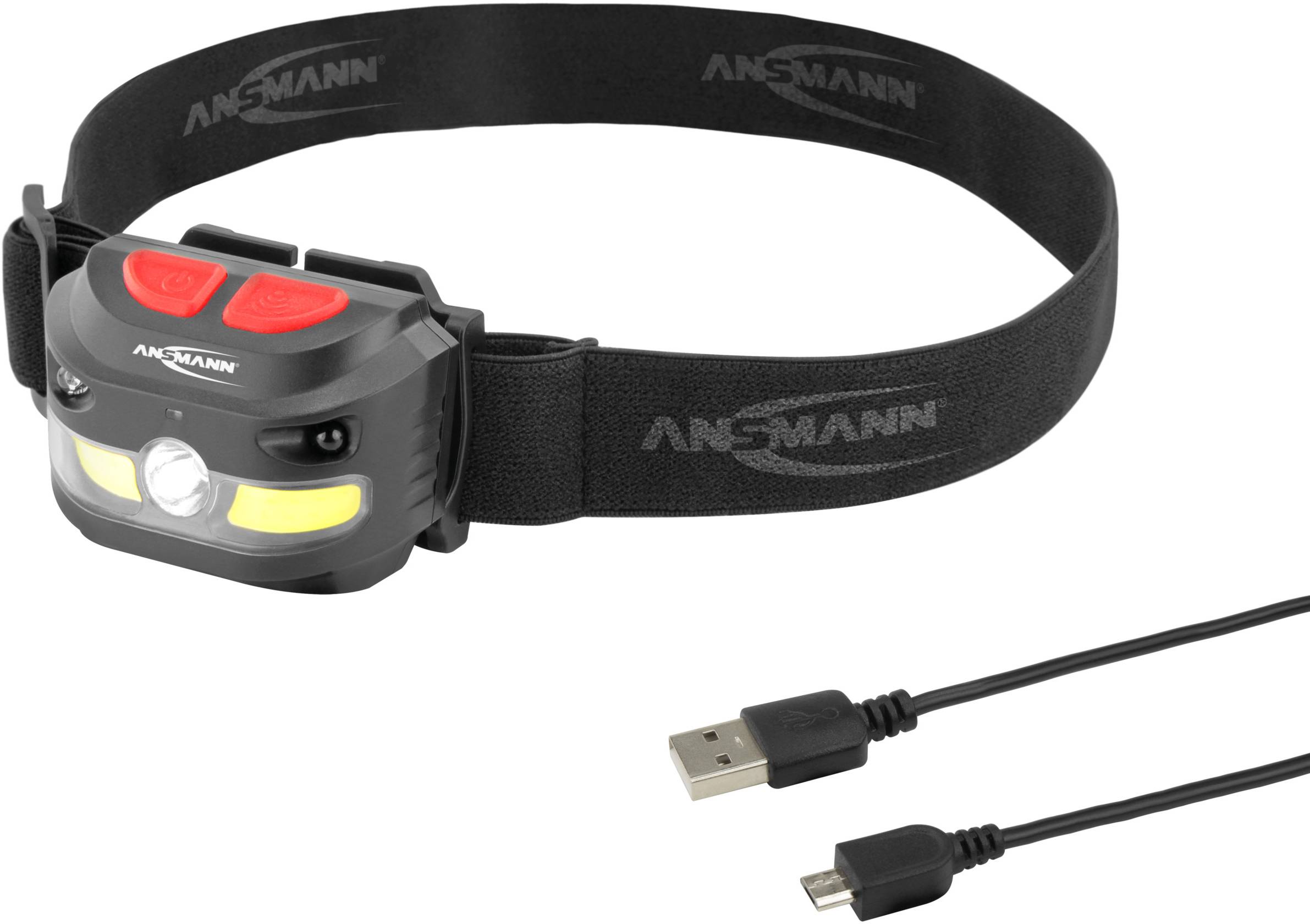 Czołówka z regulowaną gumką, dwoma czerwonymi przyciskami i kablem USB do ładowania, idealna do pracy bez użycia rąk w ciemnych pomieszczeniach.