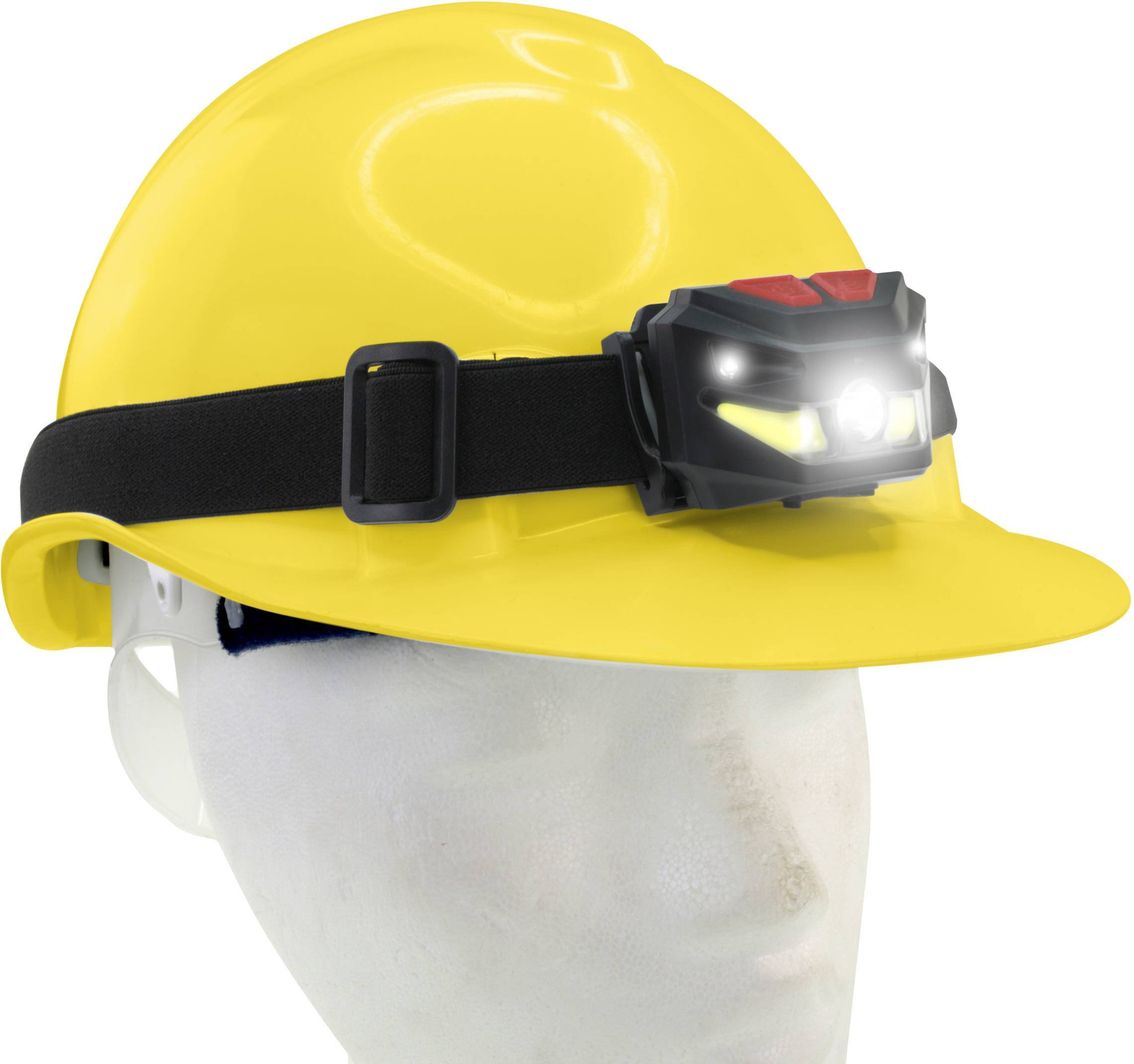 Żółty kask budowlany z zamocowaną na nim świecącą lampą czołową LED.