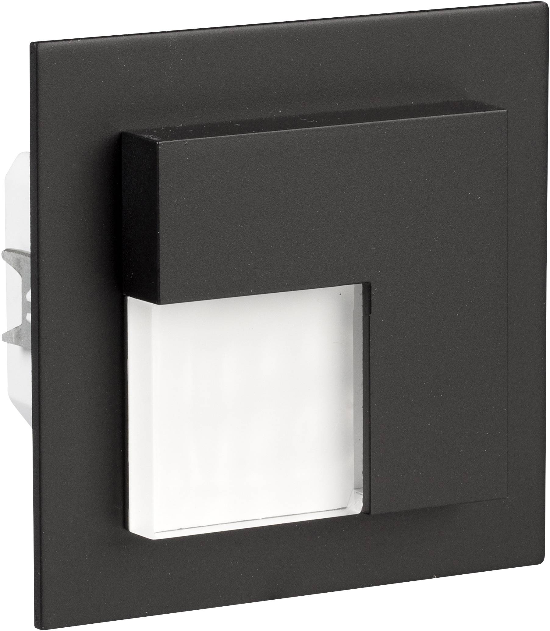 Kwadratowa, czarna lampa ścienna z prostokątnym oknem świetlnym skierowanym w dół pośrodku.