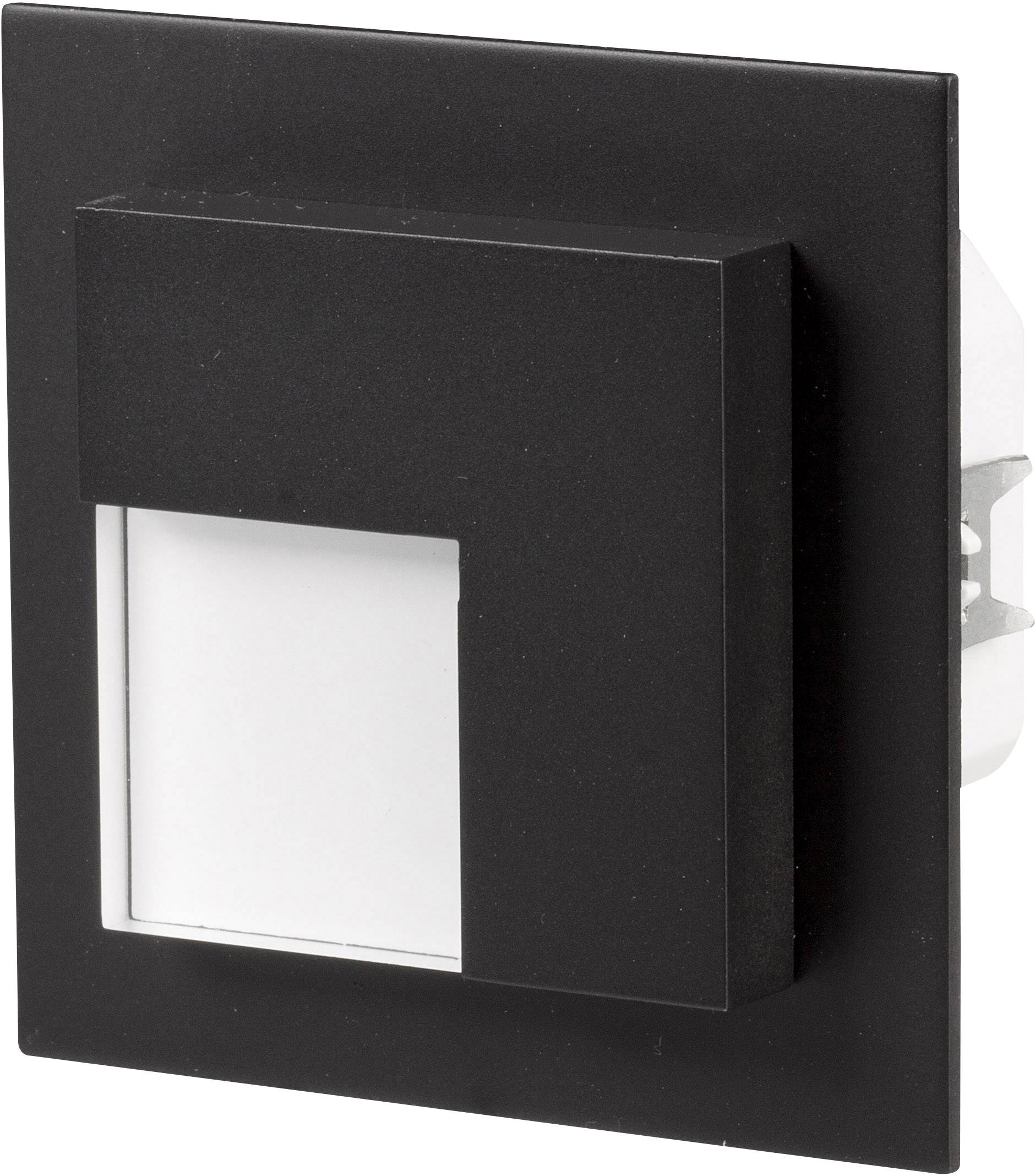Czarny wpuszczany reflektor ścienny o kwadratowym kształcie, z ukośną osłoną i podświetlanym prostokątem, przeznaczony do oświetlenia pośredniego.