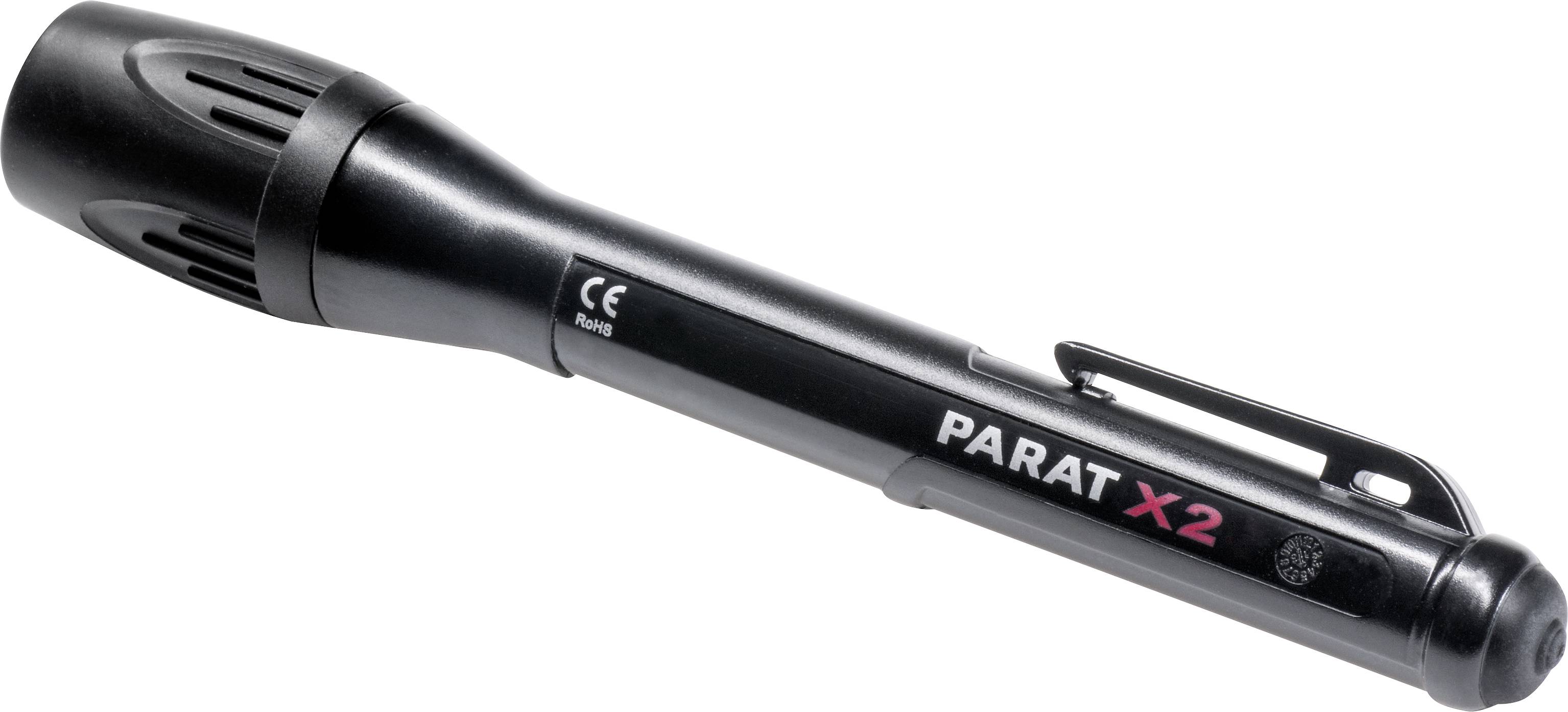 Czarna latarka z napisem 'PARAT X2', wyposażona w klips mocujący.